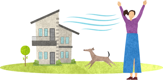 ブルー&グリーンプロジェクト家と犬と人とそよ風のイラスト