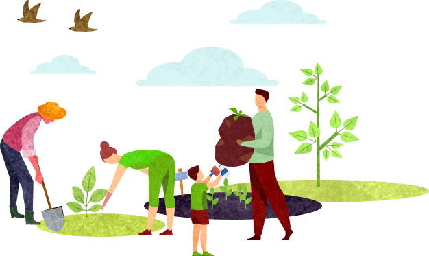 ブルー&グリーンプロジェクト植樹する人々と鳥と雲のイラスト